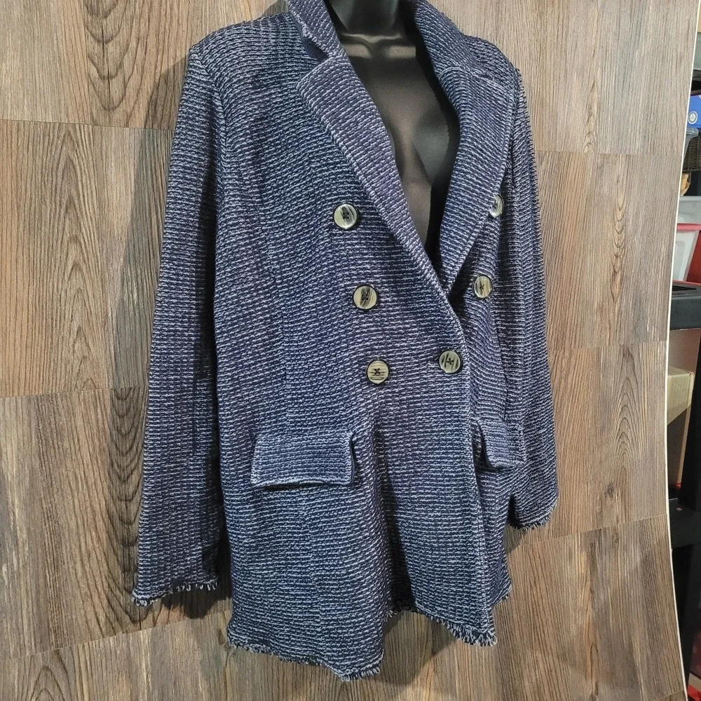 Chico's Double Breasted Jacket Size 3/XL Blue Faux-Tweed Knit Frayed Edge Office